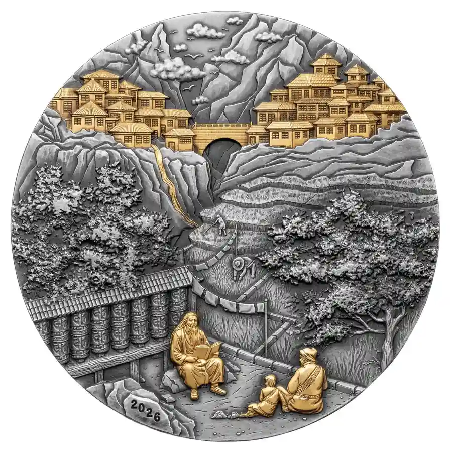 shangri-la-rev 2026 Samoa 5 Ounce Shangri-La Sliding Door 24K Gilded Silver Coin
