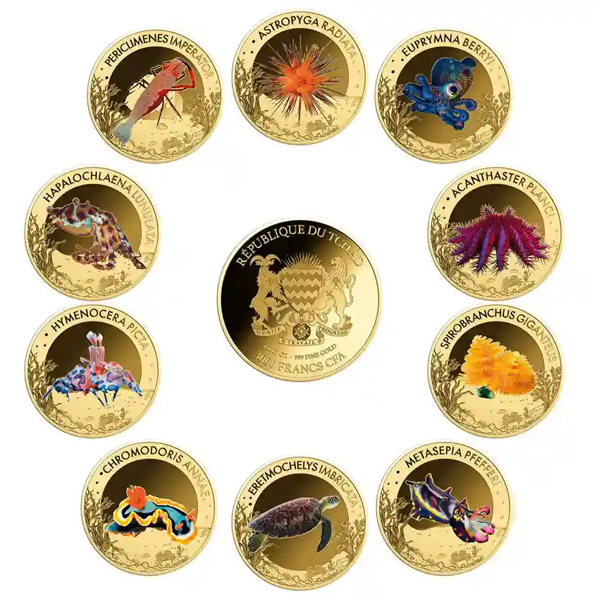 series-II-collection T'Chad 10 X 1/1000 Ounce Sea Creatures Gold Coin Collection - Series II