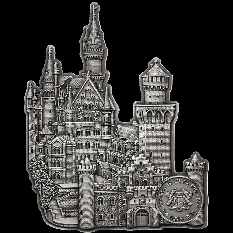 Neuschwanstein-rev 2026 Ghana 1 Ounce Monuments – Neuschwanstein Antique Finish Silver Coin