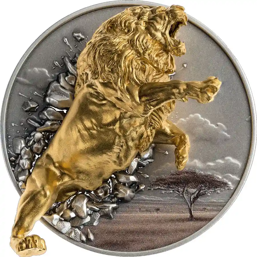 dynamic-lion-rev 2026 Burundi 5 Ounce Dynamic Dimension Lion Sculptured Silver Coin