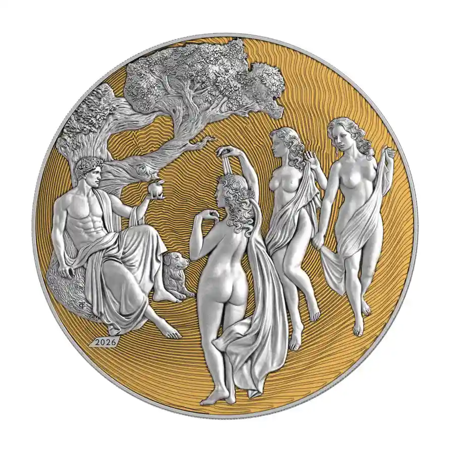 Mythos-2-oz-gilded-rev 2026 Cameroon 2 Ounce Paris & Three Graces Gilded Silver Proof Coin