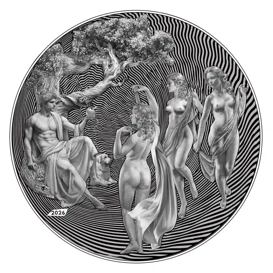 Mythos-2-oz-rev-antique 2026 Cameroon 2 Ounce Paris & Three Graces Antique Finish Silver Coin