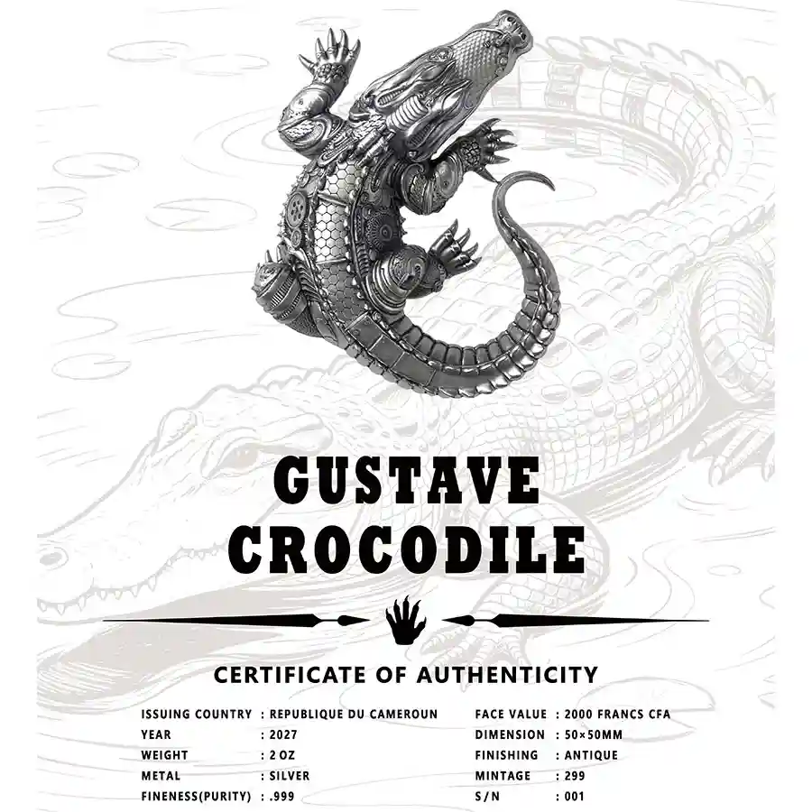 antique-cert Reserve today, the 2027 Cameroon 2 Ounce Gustave Crocodile Silver Coin
