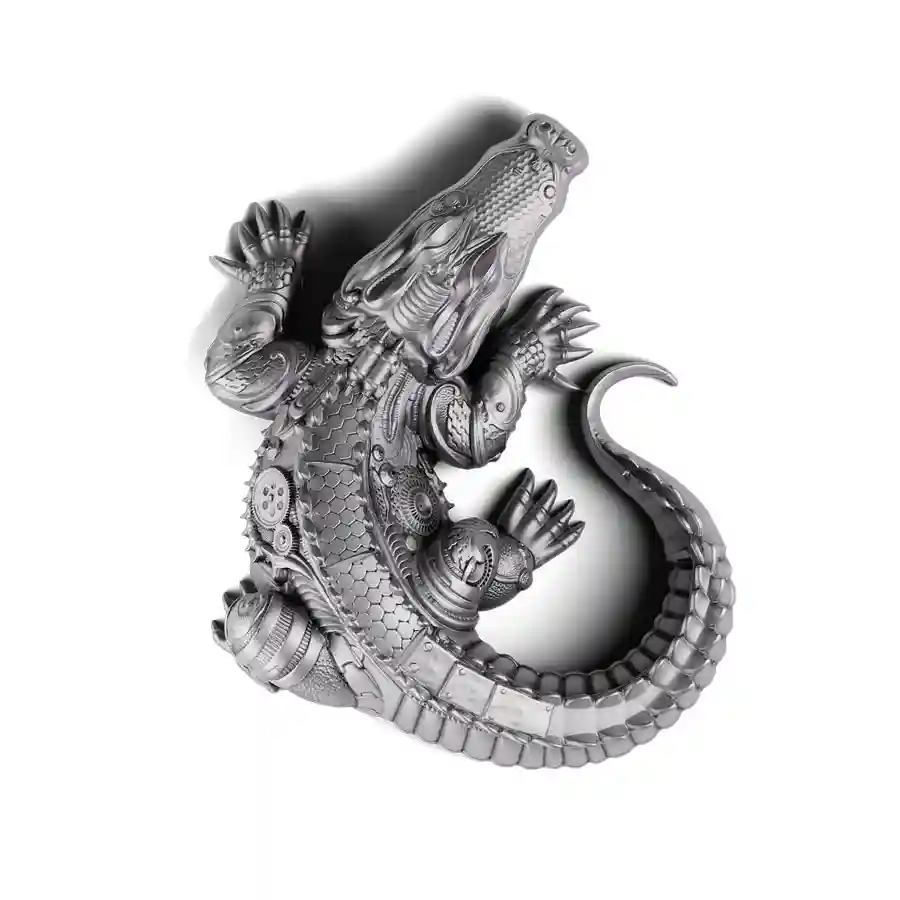 antique-rev 2027 Cameroon 2 Ounce Gustave Crocodile 3D Sculpture Silver Coin