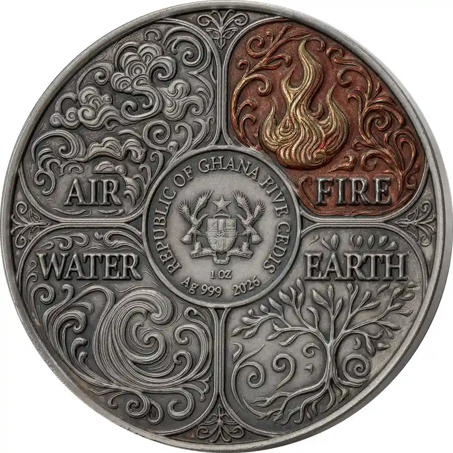 fire-obv 2026 Ghana 1 oz Four Elements Fire High Relief Antiqued Silver Coin