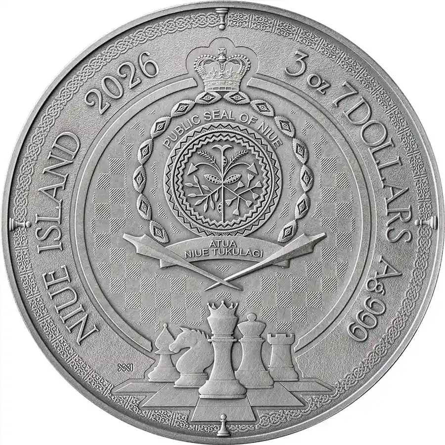 gambit-obv 2026 Niue 3 oz Queens's Gambit 24K Gilded Antique Finish Silver Coin