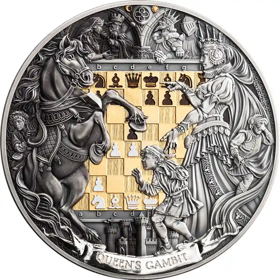 gambit-rev 2026 Niue 3 Ounce Queens's Gambit 24K Gilded Antique Finish Silver Coin