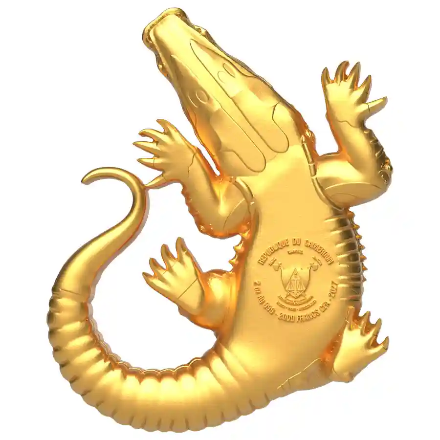 gilded-obv 2027 Cameroon 2 oz Gustave Crocodile 3D Sculpture Gilded Silver Coin