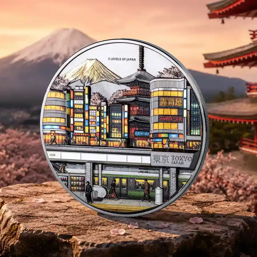 japan-mood 2026 Cook Islands 2 Ounce Three Levels of Japan Colored Silver Coin
