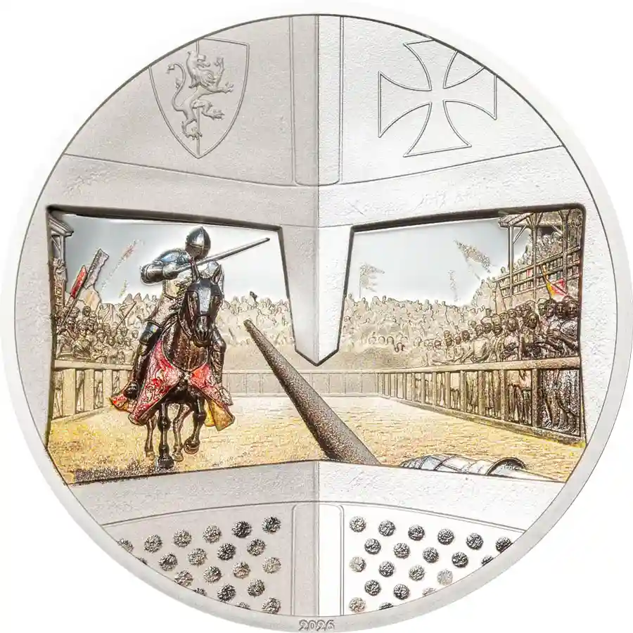 joust-rev 2026 Cook Islands 1 Ounce Knight Games Jousting Silver Proof Coin