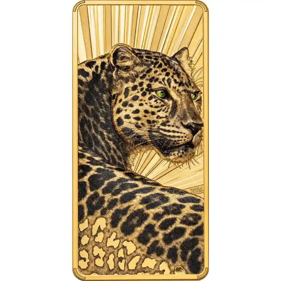 leopard-rev 2026 Cook Islands 3 Ounce Barre de Luxe Leopard Silver Proof Coin