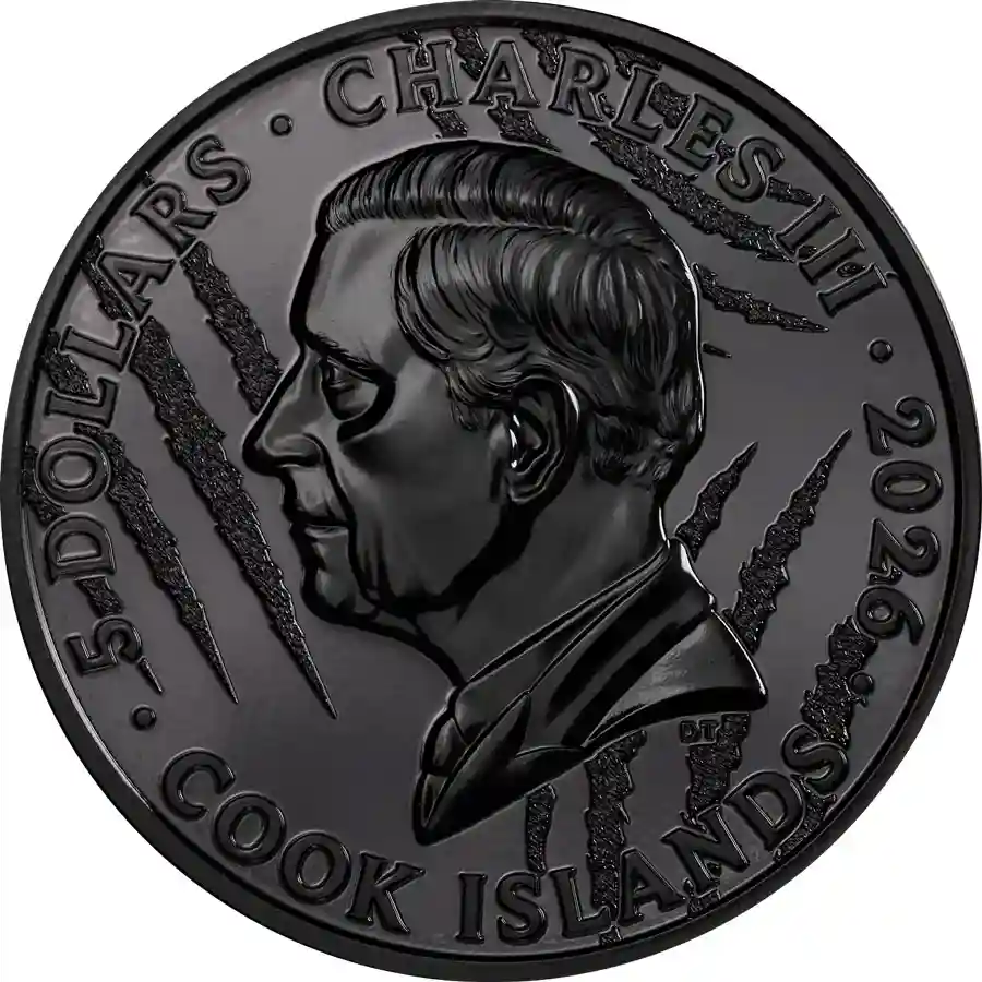 lion-obv 2026 Cook Islands 1 oz Obsidian Black Lion Colored Silver Coin