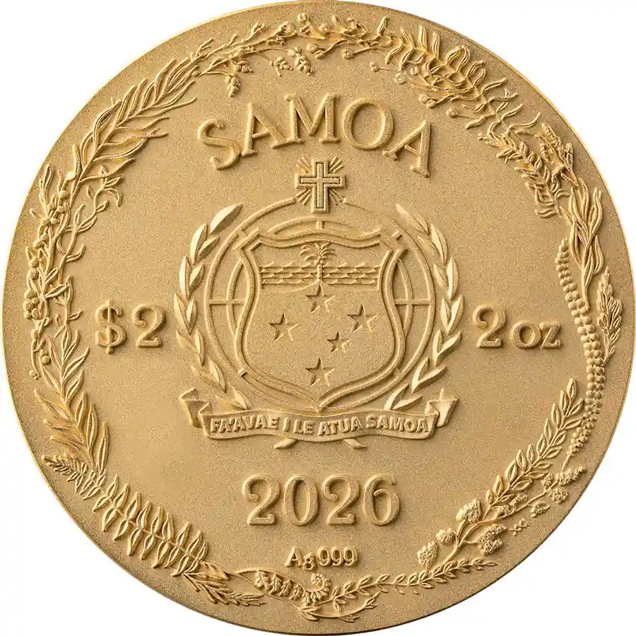 lizard-obv 2026 Samoa 2 oz Lizard Amber Mirage 24K Gilded Silver Coin