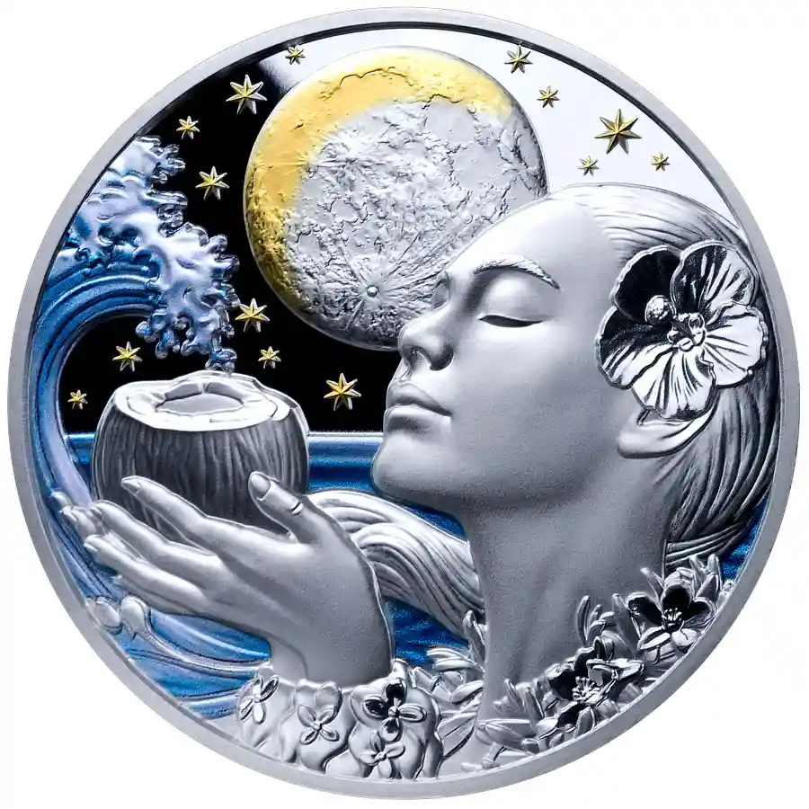 ocean-rev 2027 Samoa 2 Ounce Silver Ocean Goddess Colored 24K Plated Silver Coin