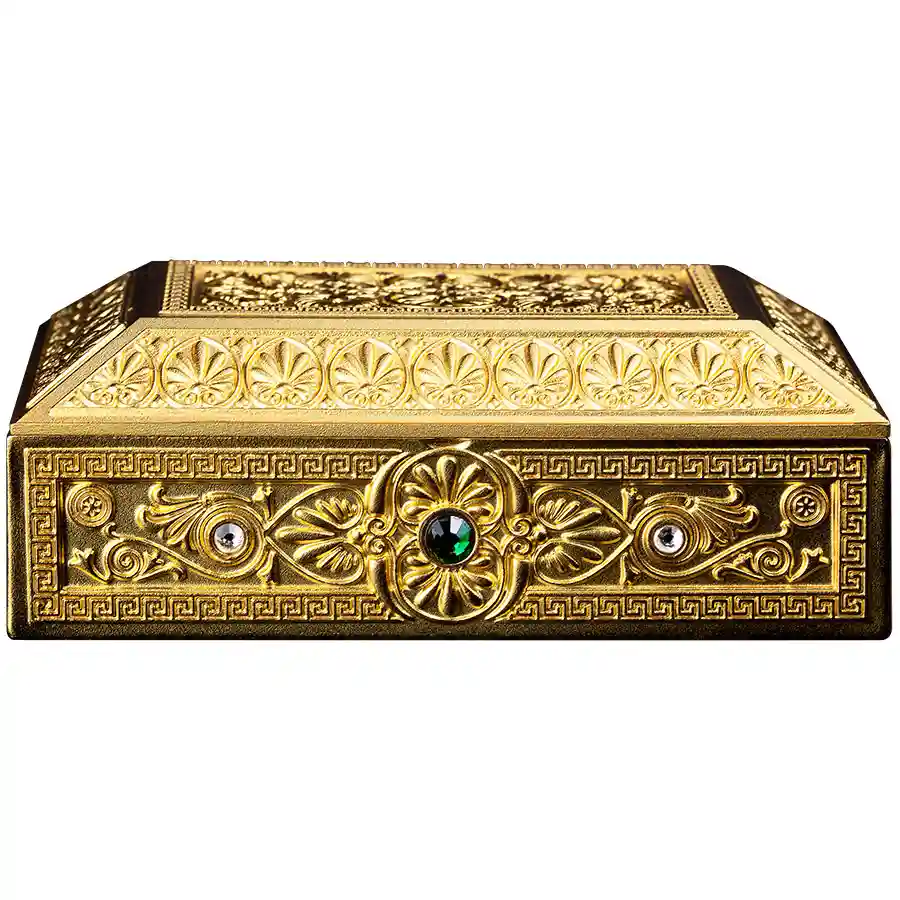 pandora-front 2027 Samoa 5 oz Pandora's Box 3D Shaped 24K Plated Silver Coin