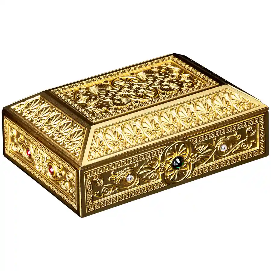 pandora-iso 2027 Samoa 5 Ounce Pandora's Box 3D Shaped 24K Plated Silver Coin