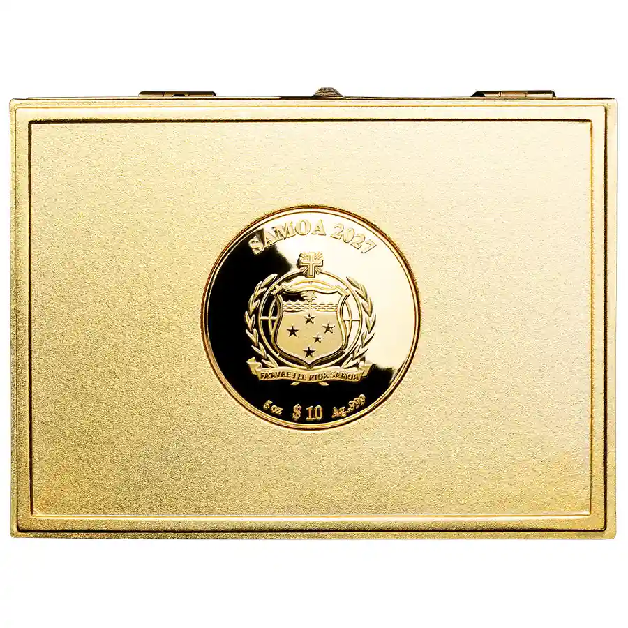 pandora-obv 2027 Samoa Pandora's Box 3D Shaped 24K Plated Silver Coin