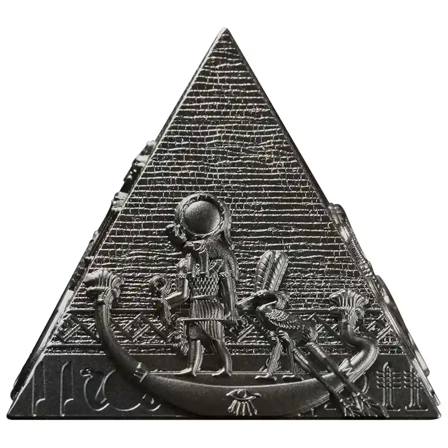 pyramid-3oz-3 2027 Djibouti Pyramids of Giza Antique Finish Shaped Silver Coin