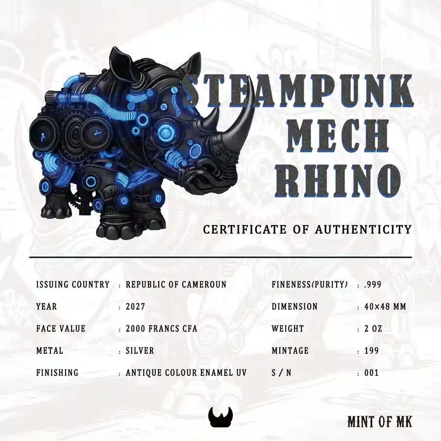 rhino-ant-cert Steampunk Mech Rhino UV Enamel Antiqued Silver Coin