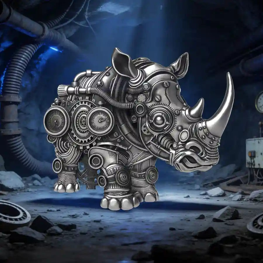 rhino-ant-mood 2027 Steampunk Animals Mech Rhino UV Enamel Antiqued Silver Coin
