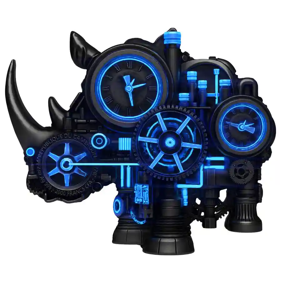 rhino-ant-obv-uv 2027 Mech Rhino UV Enamel Antiqued Silver Coin
