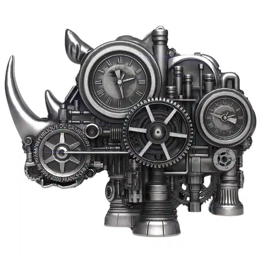 rhino-ant-obv 2027 Cameroon 2 oz Mech Rhino UV Enamel Antiqued Silver Coin