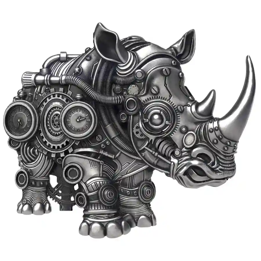 rhino-ant-rev 2027 Cameroon 2 Ounce Mech Rhino UV Enamel Antiqued Silver Coin