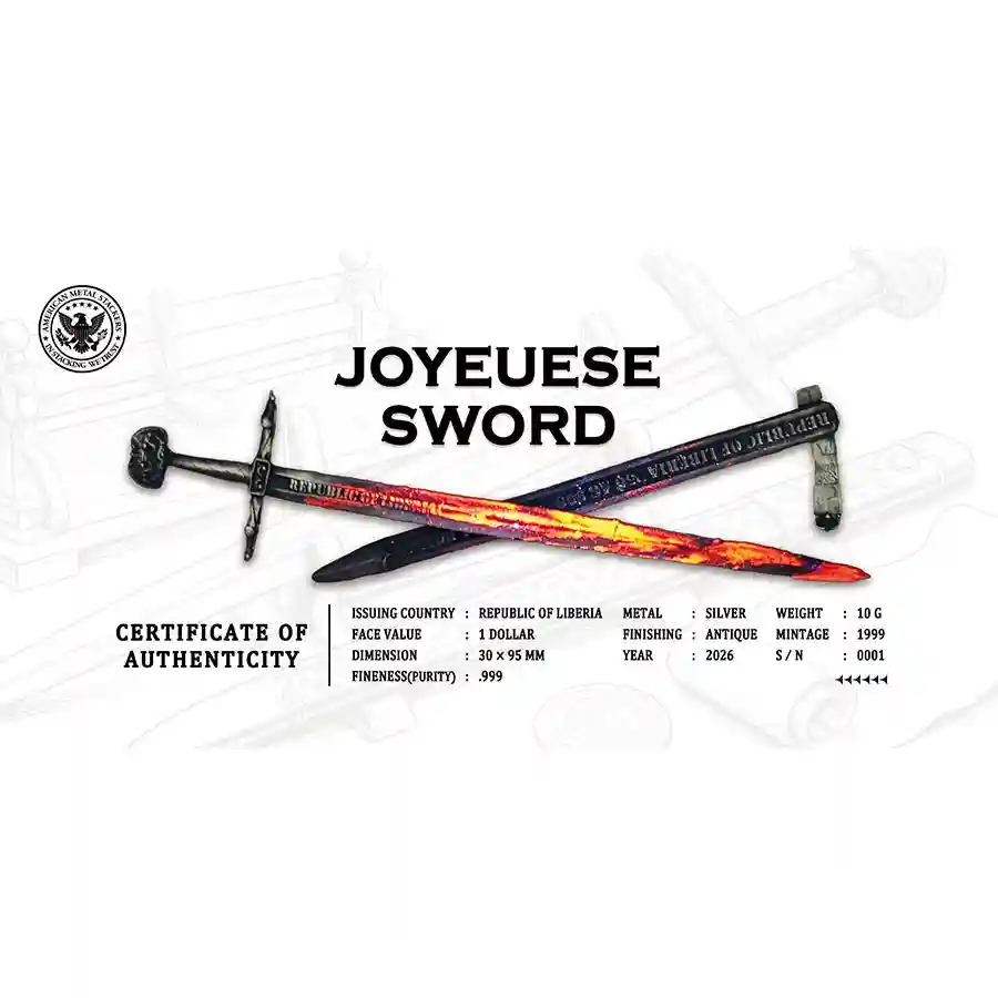 sword-cert 2027 Joyeuse Sword UV Color Antiqued Silver Coin