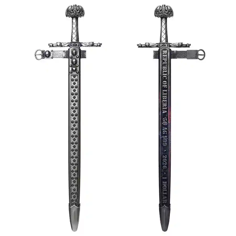 sword-sword 2027 Liberia 10 Gram Joyeuse Sword UV Color Antiqued Silver Coin