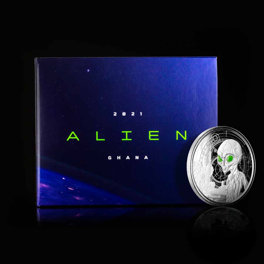 Ghana Alien UV Color & Black Rhodium Silver Coin Ghana Alien UV Color & Black Rhodium Silver Coin