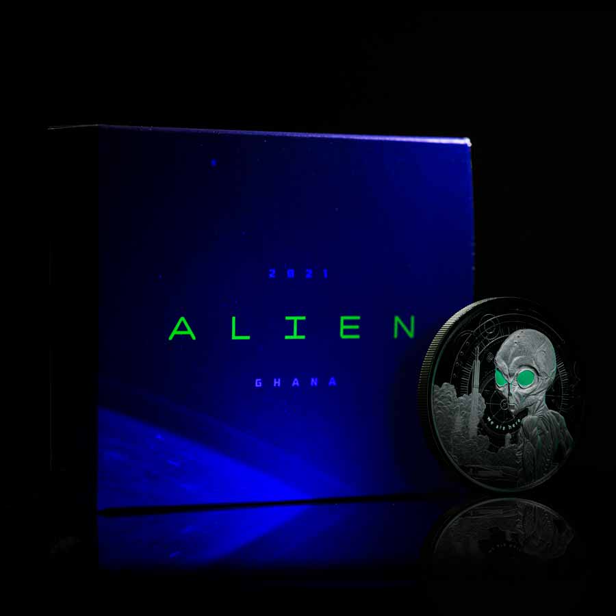 Ghana Alien UV Color with Black Rhodium Silver Coin Ghana Alien UV Color with Black Rhodium Silver Coin