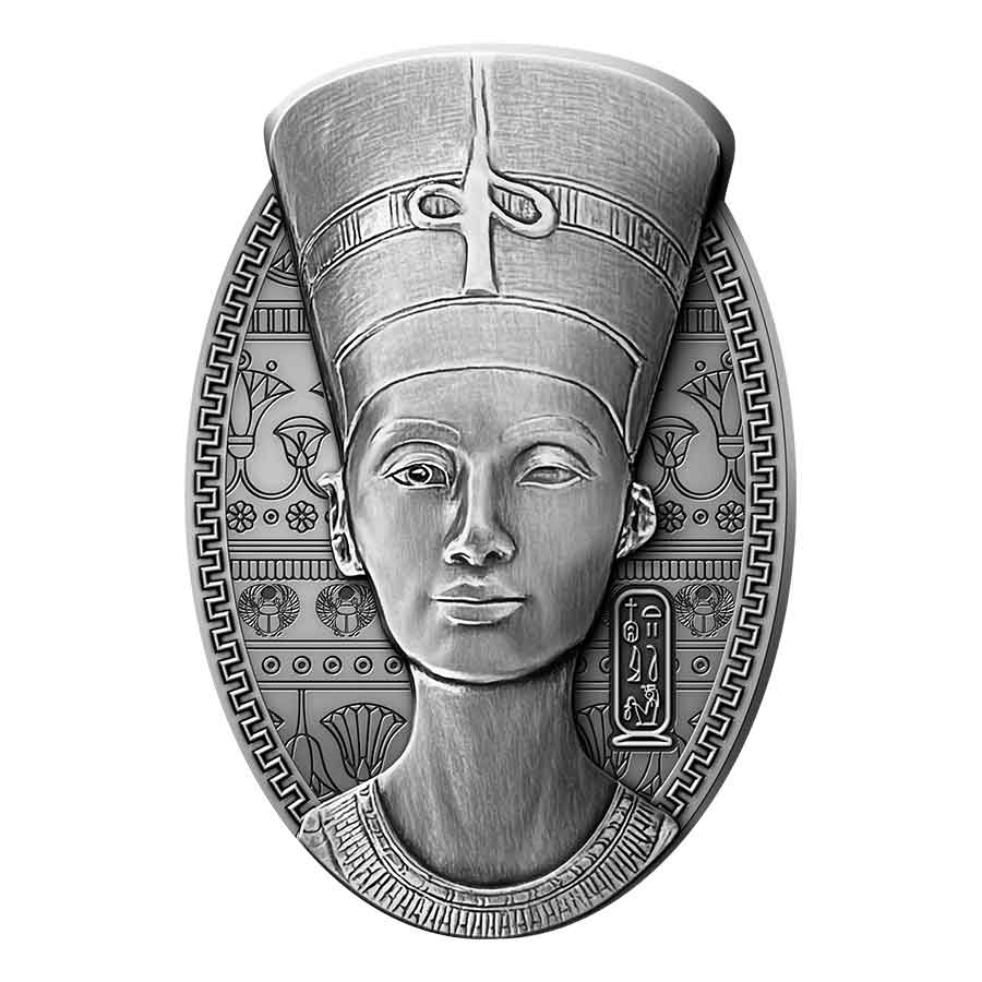 3oz-Nefertiti-Box-rev 2023 Djibouti 3 Ounce Nefertiti Bust 3D Shaped Antiqued Silver Coin