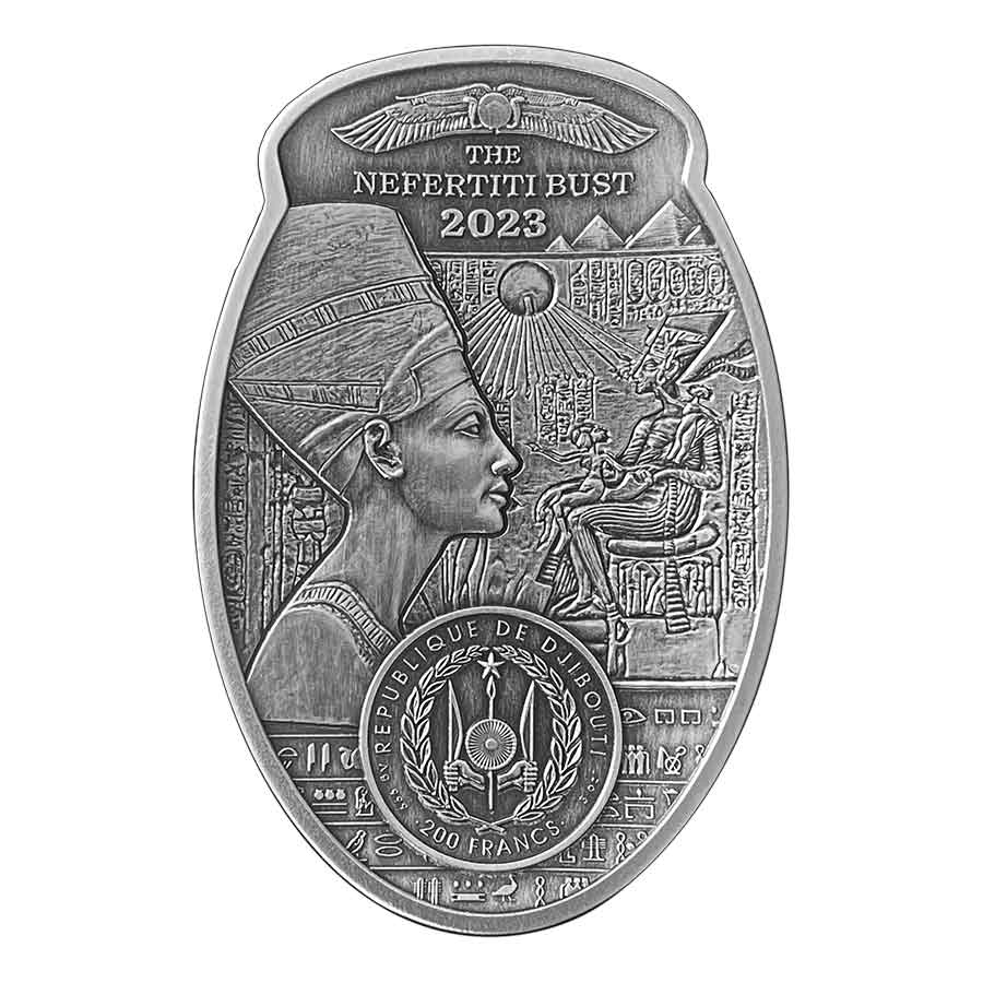 3oz-Nefertiti-Box_obv 2023 Djibouti 3 Ounce Nefertiti Bust High Relief Antiqued Silver Coin