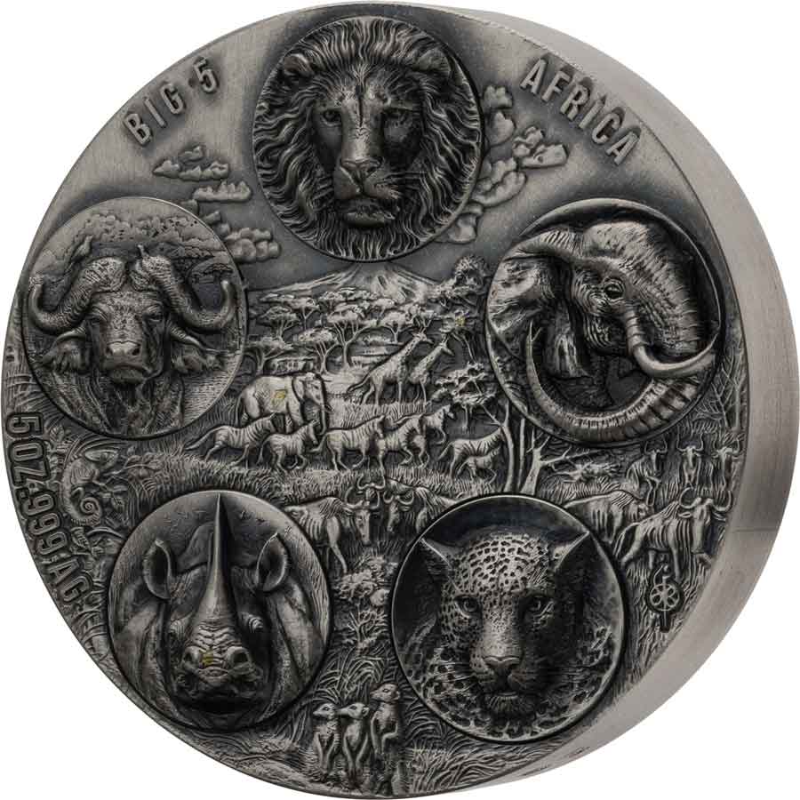 Completer-Rev 2022 Ivory Coast 5 Ounce African Big 5 Completer High Relief Silver Coin