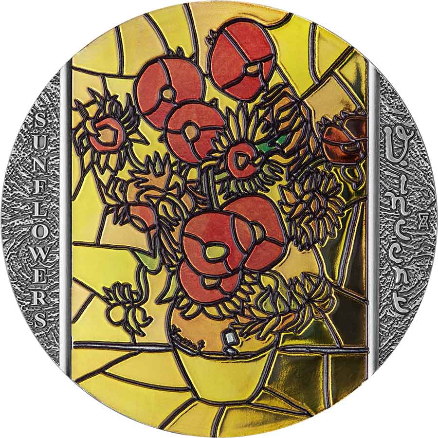 Sunflowers_rev_1000x1000 2022 Ghana 2 Ounce Van Gogh Sunflowers Stained Glass Art Silver Coin