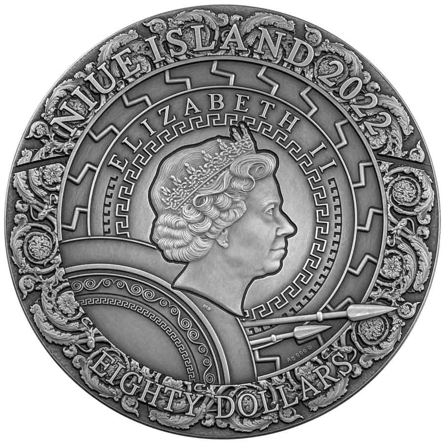 2022-NRT-Gods-1kg-Ares-OBV 2022 Niue 1 Kg Ares God of War Ultra High Relief 24 Gilded Silver Coin