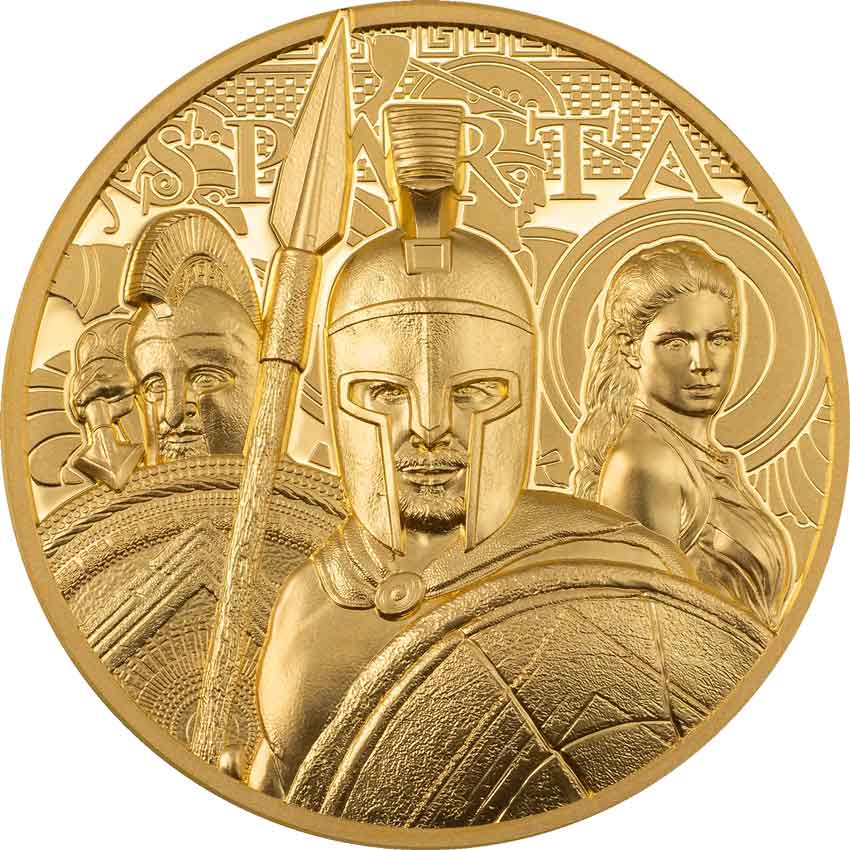 30213_Sparta-Gold-1oz_r 2023 Cook Islands 1 Ounce Sparta Warriors Ultra High Relief Gold Proof Coin