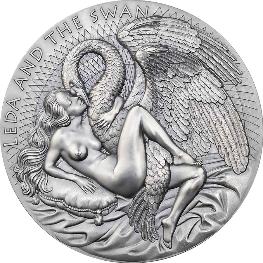CB_Leda-and-the-Swan_rev_1000x1000 2023 Cameroon 2 Ounce Leda & the Swan Celestial Beauty High Relief Silver Coin