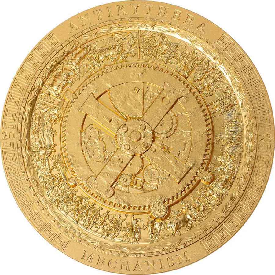 CK2308_Gilded-Antikythera-Mechanism_r 2023 Cook Islands 3 Ounce Antikythera Mechanism 24K Gilded Silver Coin
