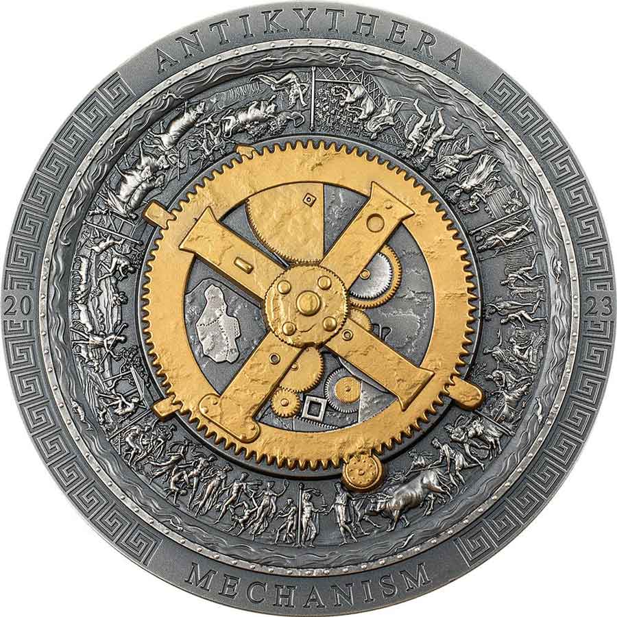 CK2309_Partially-Gilded-Antikythera-Mechanism_r 2023 Cook Islands 3 Ounce Antikythera Mechanism Gilded Antique Silver Coin