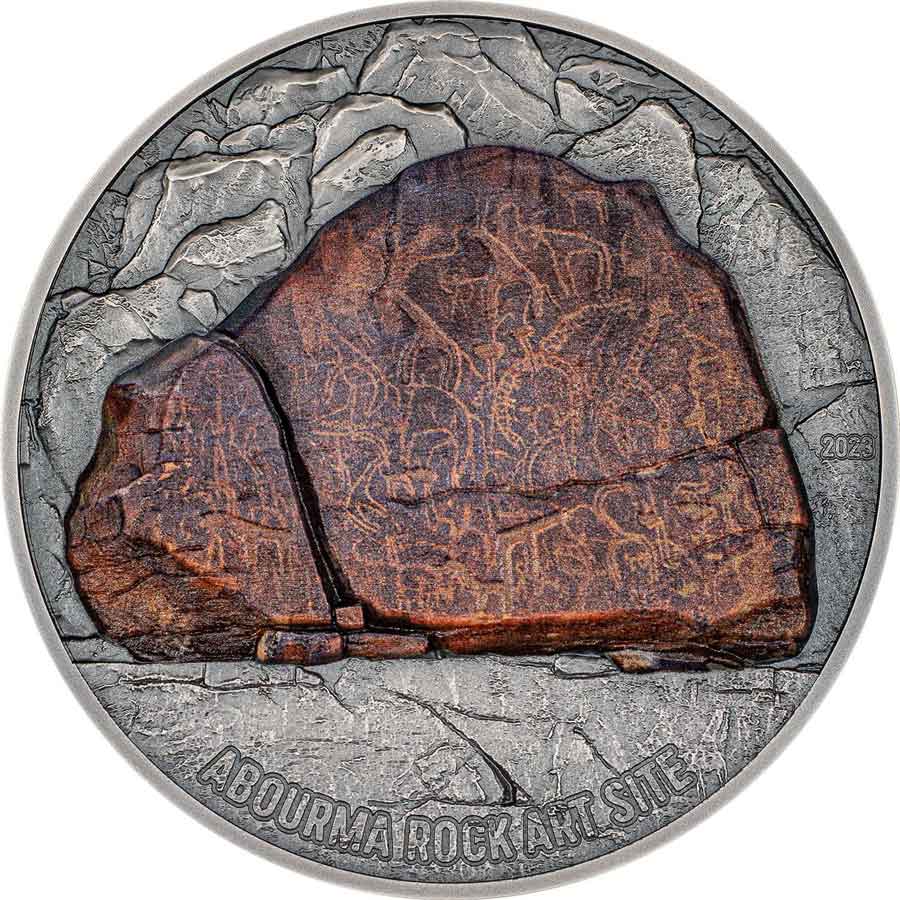 DJ2301_Prehistoric-Art---Abourma-Rock-Art-Site_r 2023 Djibouti 3 Ounce Abourma Rock Art Prehistoric Art High Relief Silver Coin