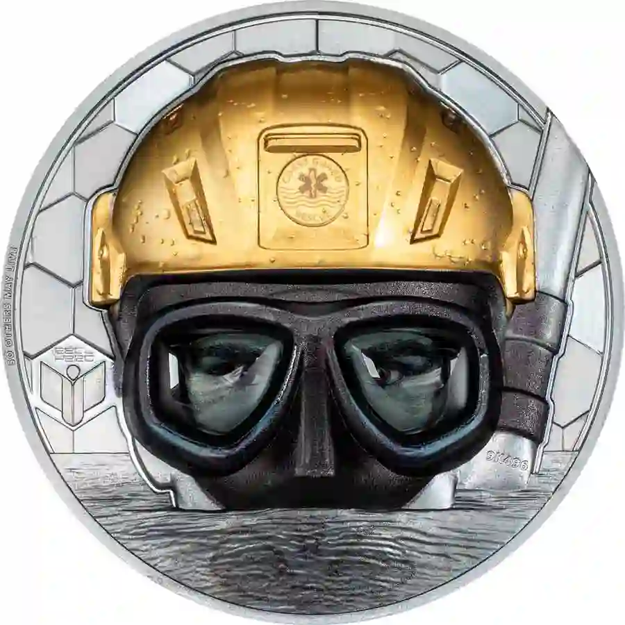 30312_Real-Heroes-2023---Coast-Guard-Rescue-Swimmer-5oz-Au_r 2023 Cook Islands 5 Ounce Real Heroes Coast Guard UHR Black Proof Gold Coin