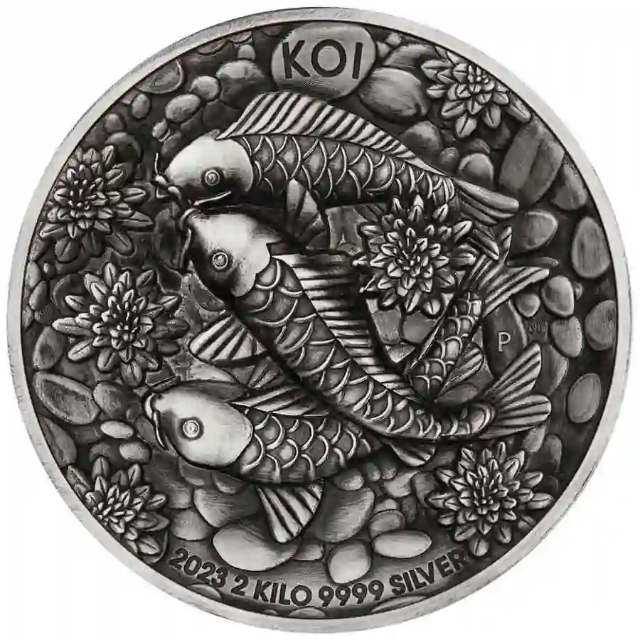 02-2023-Koi-Fish-2-Kilo-Silver-Antiqued-High-Relief-Coin-StraightOn-HighRes 2023 Australia 2 Kilogram Koi Fish Ultra High Relief Antique Finish Silver Coin