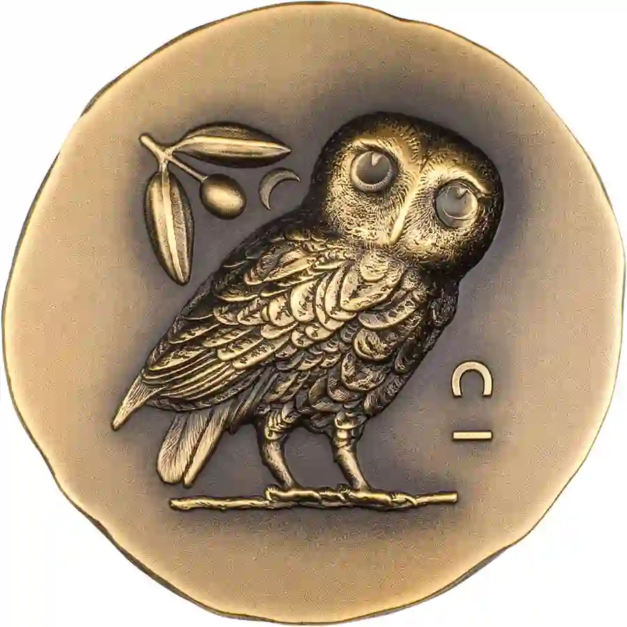 30309_Athenas-Owl-1oz-Au_r 2023 Cook Islands 1 Ounce Athena's Owl Ultra High Relief Antique Finish Gold Coin