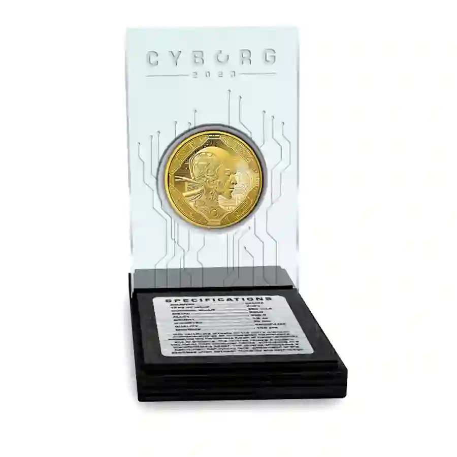 AI-gold-display 2023 AI Cyborg Gold Proof Coin