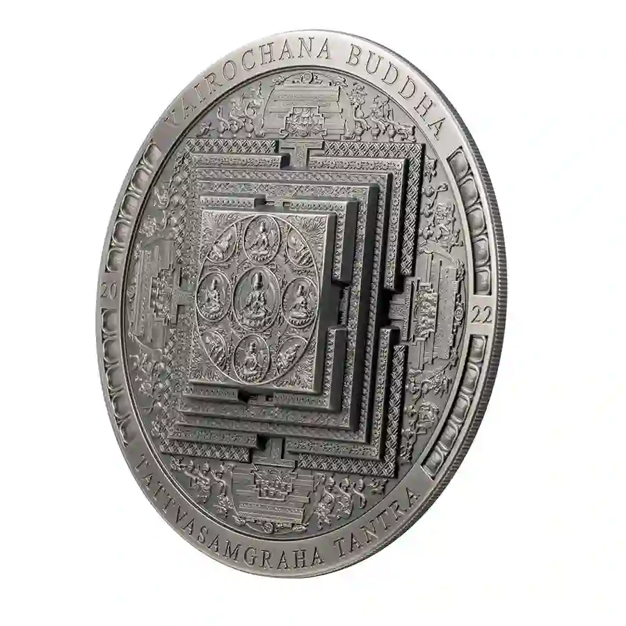 MN2203_Vairochana-Mandala_iso 2022 Vairochana Buddha 3 oz Ultra High Relief Antique Finish Silver Coin