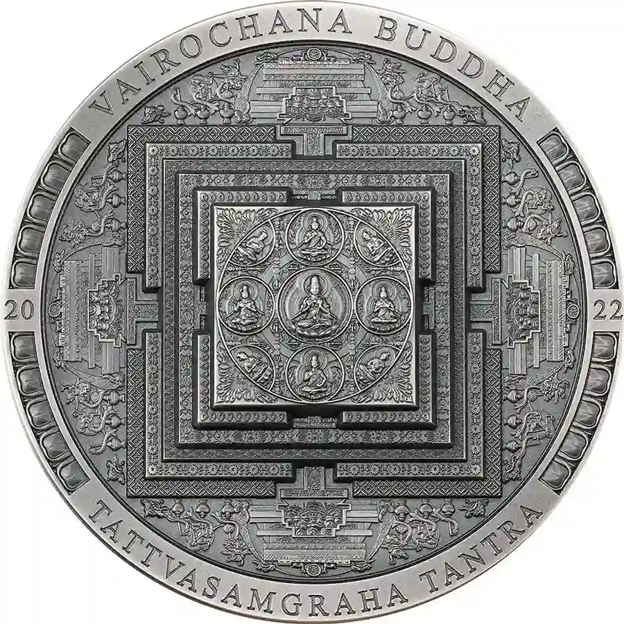 MN2203_Vairochana-Mandala_r 2022 Mongolia 3 Ounce Vairochana Buddha High Relief Antique Finish Silver Coin