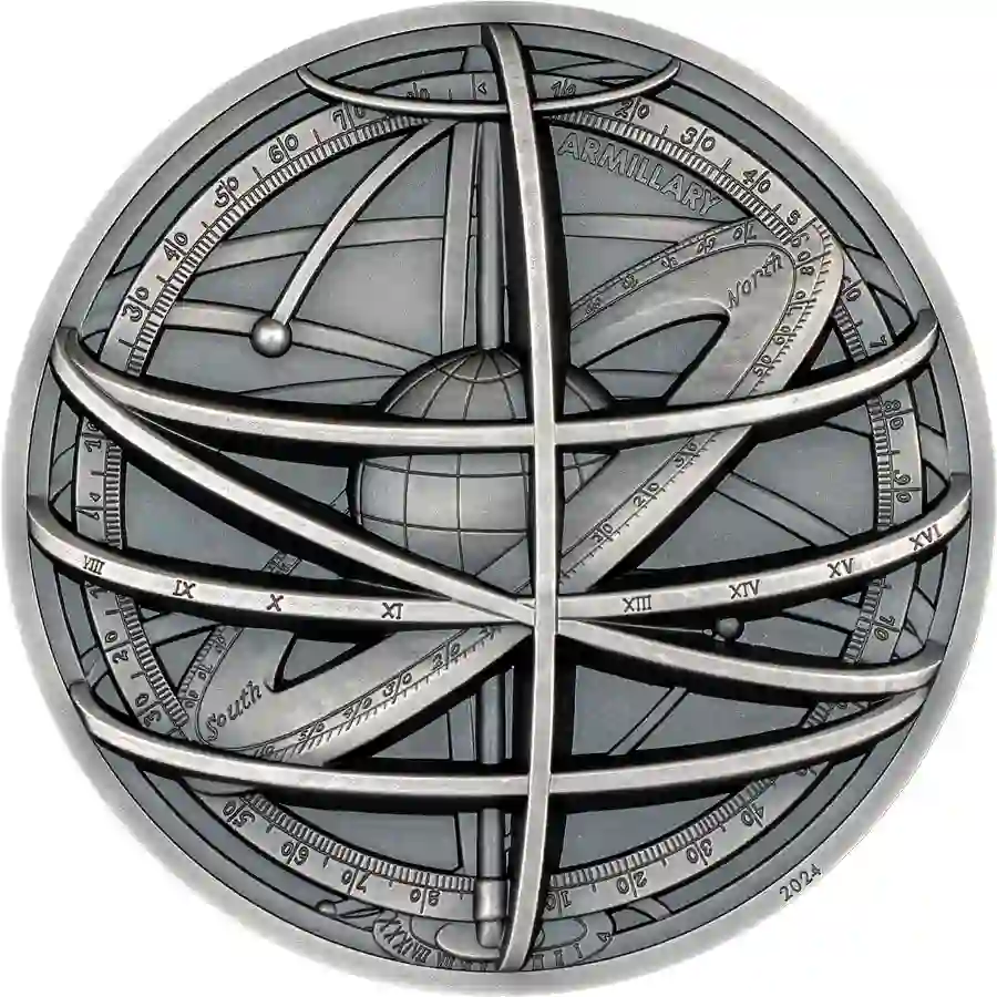 30590_Historical-Instruments-Armillary-2024_r 2024 Cook Islands 2 Ounce Historic Instruments Armillary Sphere High Relief Silver Coin