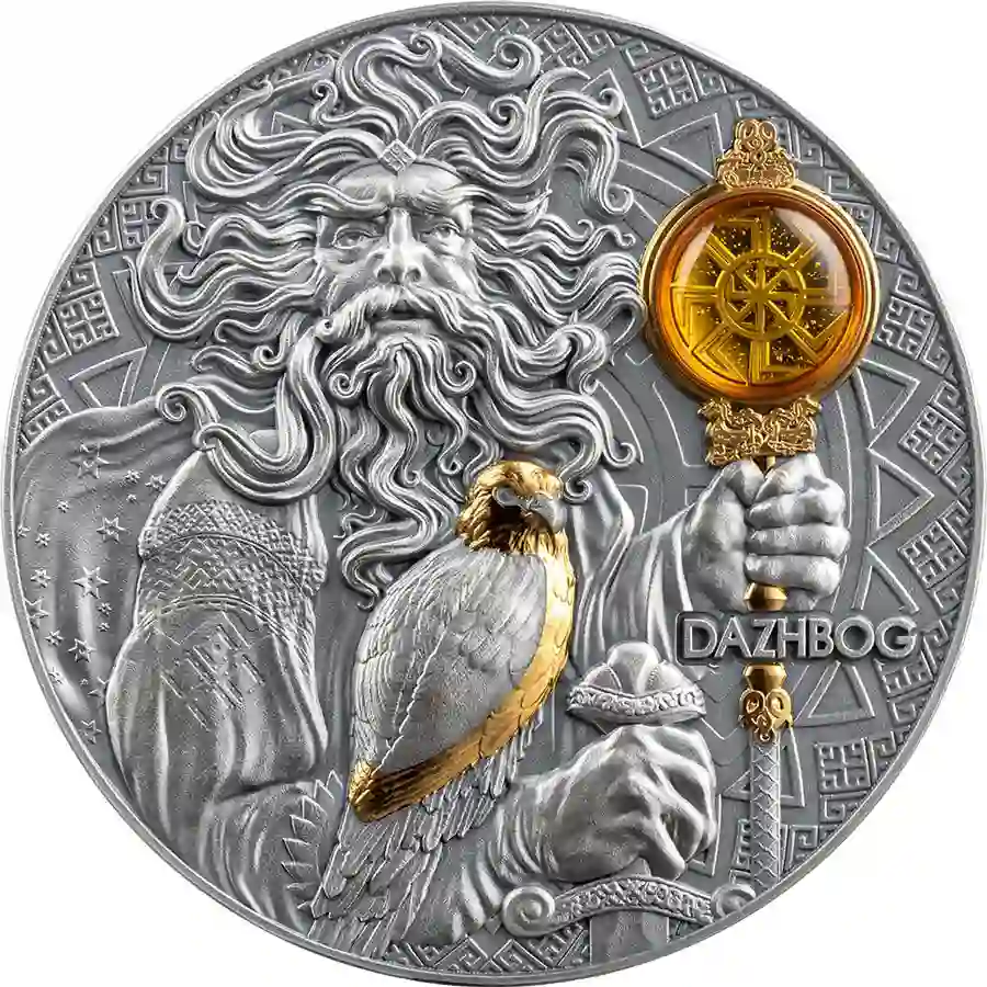 DFS_Dazhbog_rev_1000x1000 2024 Niue 3 Ounce Dahzbog Divine Faces of the Sun Antique Finish Silver Coin