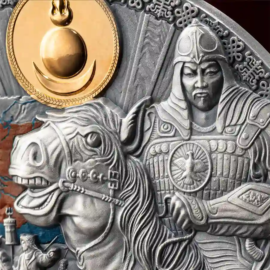LGE_Mongol-Empire_fragm1_1000x1000 2024 Cameroon Mongol Empire 2 oz 24K Gilded High Relief Silver Coin